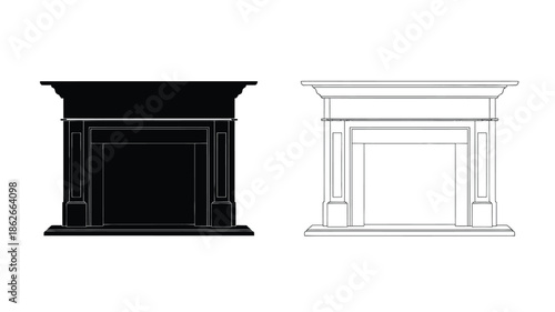 Two fireplace designs one dark and one light presented as a silhouette
