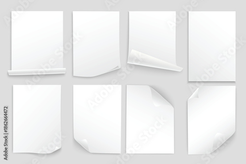 Collection of Blank White Paper Sheets with Curled Corners.