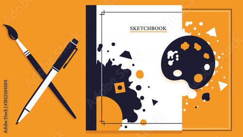 Artistic Composition Sketchbook Palette Brush and Pen in Harmonious Arrangement.