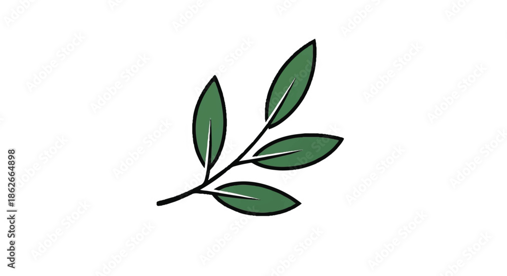 Obraz premium Minimalist Green Leaf Branch Illustration with Bold Black Outline for Eco-Friendly Design