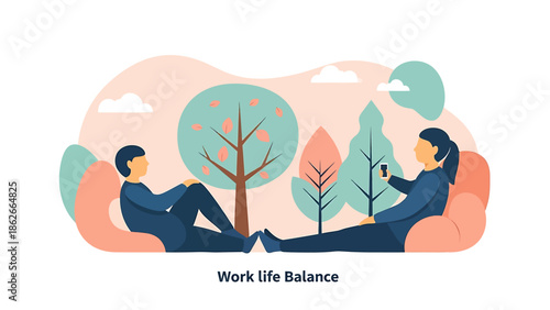 Flat illustration of a man and woman relaxing outdoors in a park, representing work-life balance and leisure time.