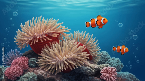 Underwater Coral Reef and Clownfish: A vibrant underwater scene showcases a colorful coral reef teeming with life, where playful clownfish dart amongst the waving anemones and bubbles.