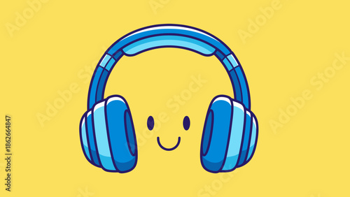 Cartoon Blue Headphones with a Smiling Face on a Yellow Background.