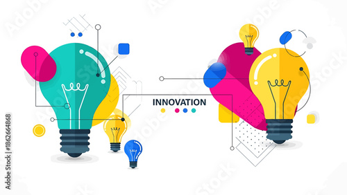 Creative illustration of innovation with colorful lightbulbs and abstract geometric shapes.