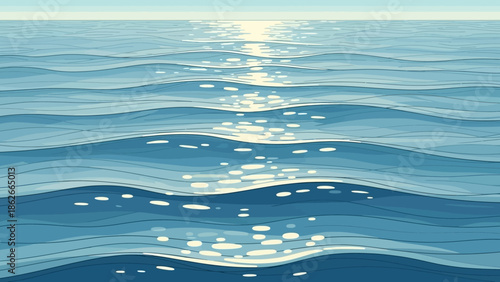 Ocean's Embrace: An abstract scene of serene water, where gentle waves dance under the bright sunlight, capturing the infinite beauty and tranquility of the sea.