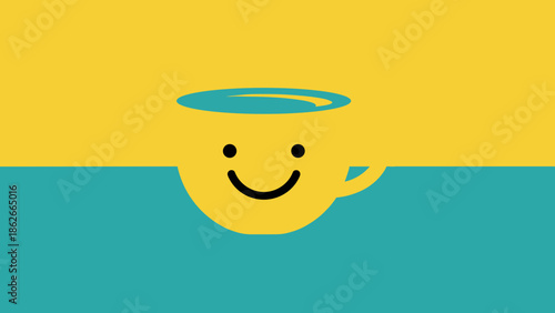 Cheerful Coffee Cup Illustration with Smiling Face on TwoTone Background.