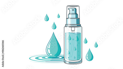 Liquid spray bottle in blue with water droplets and ripples emphasizing hydration, moisture, and refreshing skincare benefits.