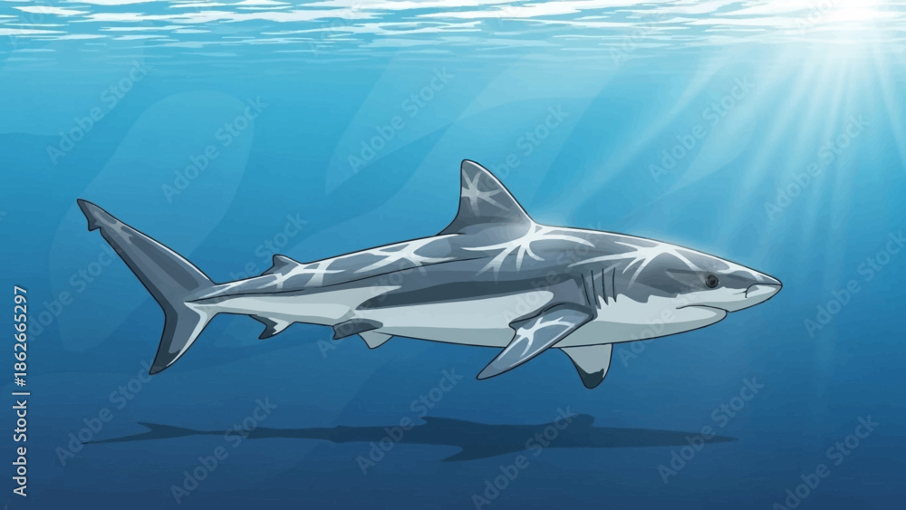 Obraz premium Shark in Depths: A lone shark glides through the tranquil expanse of the deep ocean, creating awe-inspiring visuals.