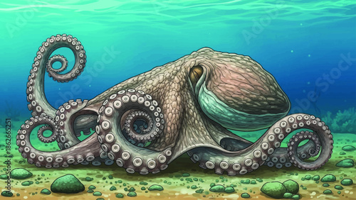 Oceanic Wonder: A captivating illustration of an octopus resting gracefully on the seabed, its intricate tentacles curling and swirling against the backdrop of a vibrant aquatic environment.