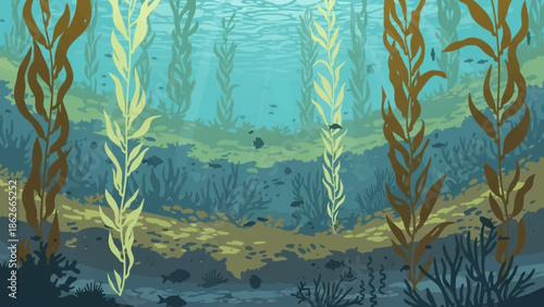 Submerged Sanctuary: Illustrative view, capturing the serene depths of a vibrant kelp forest, with its gentle sway and the interplay of light and shadow.