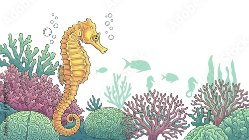 Oceanic Elegance: A meticulously crafted illustration presents a seahorse gracefully navigating a vibrant underwater scene teeming with coral reefs and marine life.