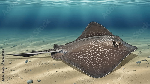 Ocean's Elegant Ray: An awe-inspiring image captures a stingray's graceful glide over the ocean floor, showcasing nature's artistry and underwater beauty.