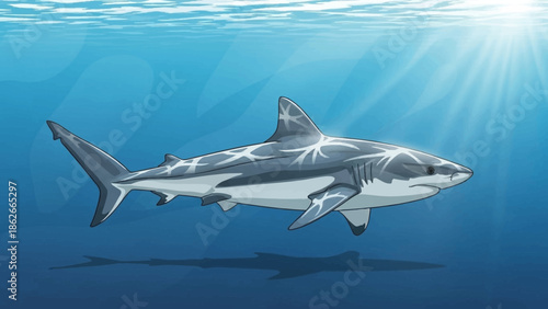 Shark in Depths: A lone shark glides through the tranquil expanse of the deep ocean, creating awe-inspiring visuals.