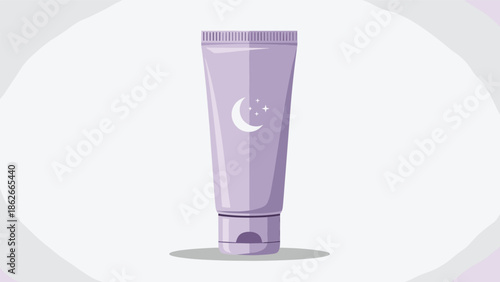 Lavender purple tube of night cream or lotion with moon and star symbols for an evening skincare and relaxation routine.