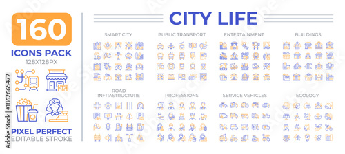 City life two color line icons set collection. Lifestyle in urban areas. Environment for social interaction bicolor outline mega pack isolated, pixel perfect. Duotone thin lineart. Editable stroke