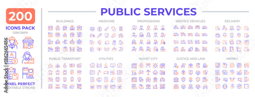 Public services two color line icons set collection. Meeting community needs. Ensuring social welfare industry bicolor outline mega pack isolated, pixel perfect. Duotone thin lineart. Editable stroke