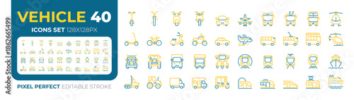 Vehicles pixel perfect two color line icons set. Machines designed to transport people and cargoes. Driving cars bicolor outline mega pack isolated. Duotone thin lineart. Editable stroke