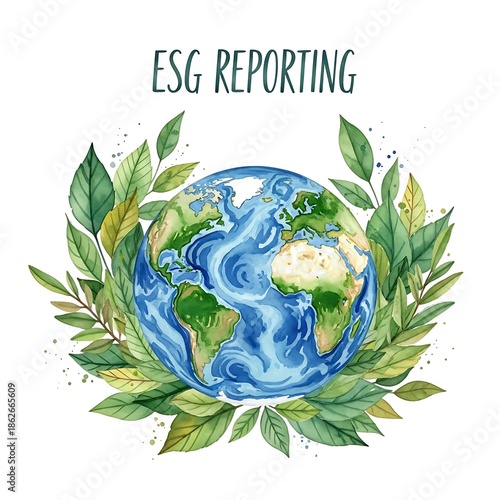 Watercolor illustration shows planet Earth encircled by vibrant green foliage above text referring to sustainability documentation
