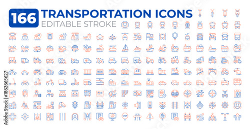 Transportation industry two color line icons set. Road infrastructure development. Traffic flows regulation service bicolor outline mega pack isolated. Duotone thin lineart. Editable stroke