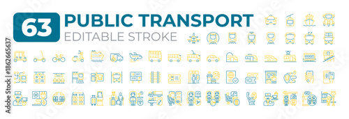 Public transport two color line icons set. Passenger vehicle service. Shared mobility system. Traffic regulation bicolor outline mega pack isolated. Duotone thin lineart. Editable stroke