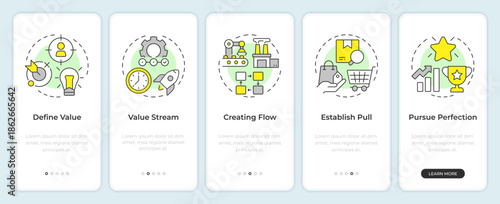 Principles of lean manufacturing onboarding mobile app screen. Walkthrough 5 steps editable graphic instructions with linear concepts. UI, UX, GUI. Montserrat SemiBold, Regular fonts used