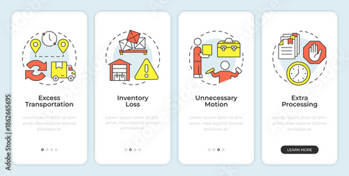 Types of problems in lean manufacturing onboarding mobile app screen. Walkthrough 4 steps editable graphic instructions with linear concepts. UI, UX, GUI. Montserrat SemiBold, Regular fonts used