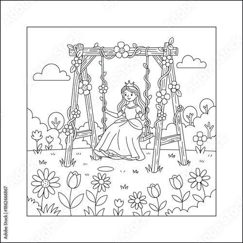 Princess line art vector coloring page for kids and adults. Bold and Easy Princess Coloring Page - Cozy Moment Fairytale Vector

