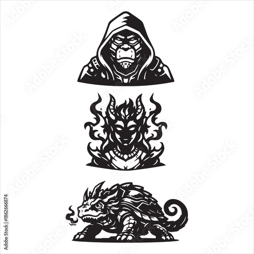 Cyberpunk Mascot Logo Set Hooded Gorilla Demon Queen Armored Chameleon Black Vector