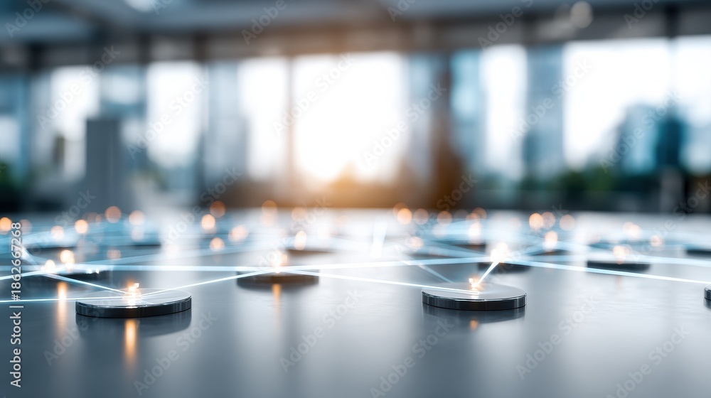 Obraz premium a modern office desk with a network of illuminated nodes and connecting lines representing digital connectivity and information exchange