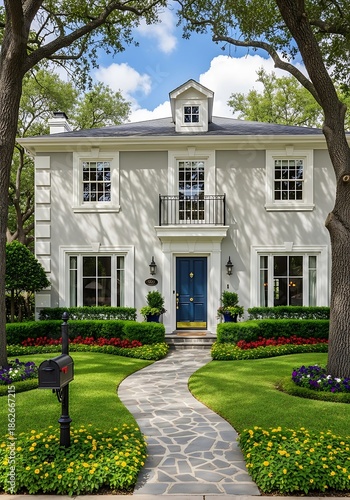 Stately traditional stucco residence displays meticulously maintained landscaping under a bright sky