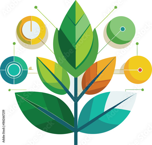 Modern flat vector illustration of a green plant with data infographic icons, representing sustainable technology, smart agriculture, and environmental data analysis