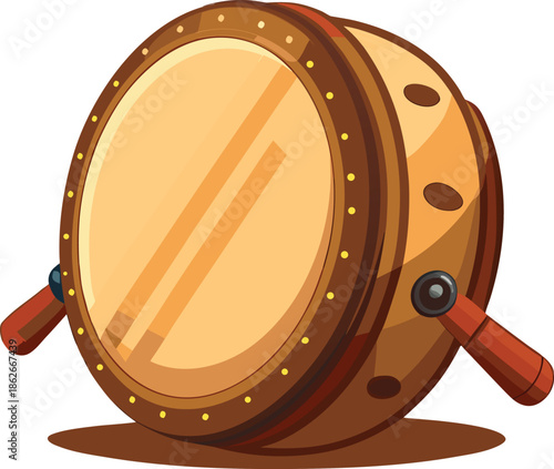Stylized vector illustration of a traditional Japanese Taiko drum with two beaters, representing Asian culture, percussion music, and festival performances"