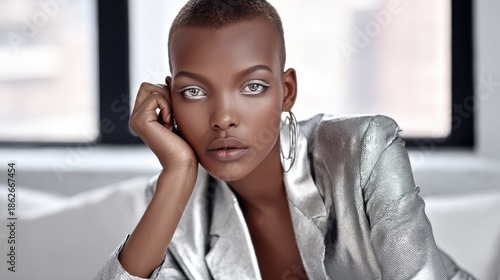 a modern woman in a shiny metallic suit with luminous eyes embracing a hightech innovation concept