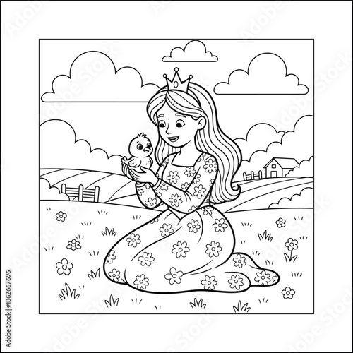 Princess line art vector coloring page for kids and adults. Bold and Easy Princess Coloring Page - Cozy Moment Fairytale Vector

