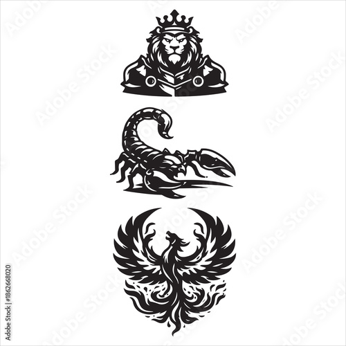 Royal Lion Scorpion Phoenix Mascot Logo Set Black White Vector