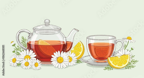 Relaxing Herbal Chamomile Tea Set with Glass Teapot, Cup, Fresh Lemon Slices and White Daisy Flowers on Light Background