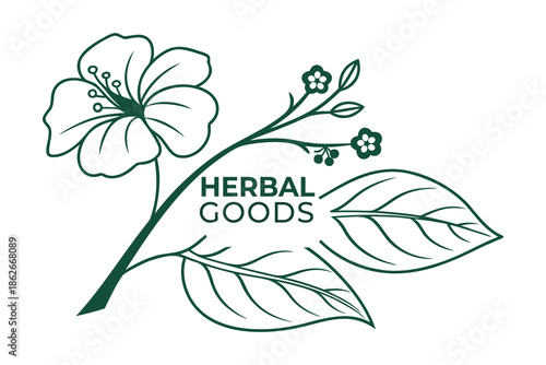 Minimalist Botanical Hibiscus Logo, Hand-Drawn Line Art Floral Emblem with Green Leaves for Organic Herbal Brand