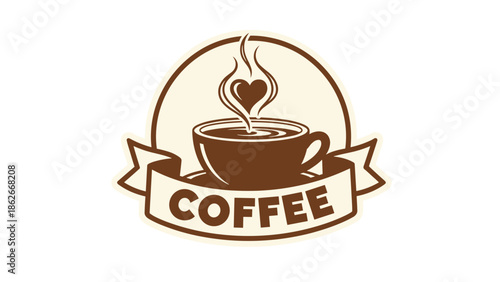 Coffee cup with heartshaped steam in a vintage logo design.