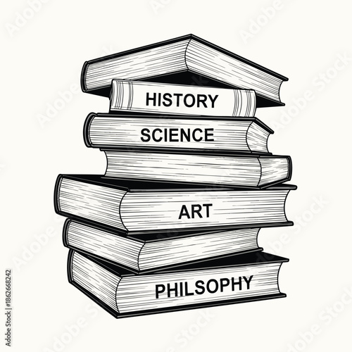 A black and white handdrawn illustration of a stack of academic books with subject titles on the spines.