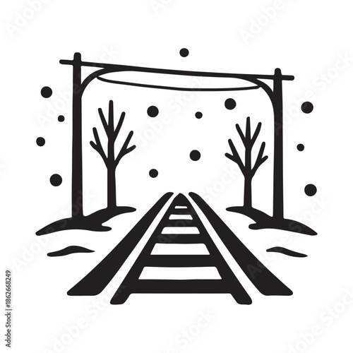 Vector illustration of a serene winter railroad track. A solitary path in a snowy landscape with bare trees and falling snow, representing a tranquil cold-season journey