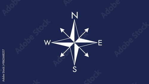 Compass Rose Illustration with Cardinal Directions on Dark Blue Background.