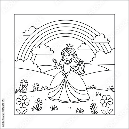 Princess line art vector coloring page for kids and adults. Bold and Easy Princess Coloring Page - Cozy Moment Fairytale Vector


