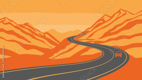 Desert Road Trip Car on Winding Asphalt Through Mountain Landscape.