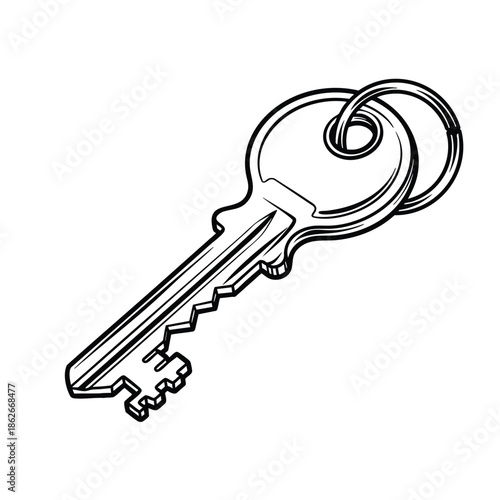 A black and white line art illustration of a single metal door key attached to a split ring keychain.