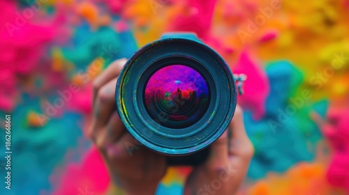 A camera lens held in hand, reflecting vibrant colors against a vivid, abstract, multicolored background.