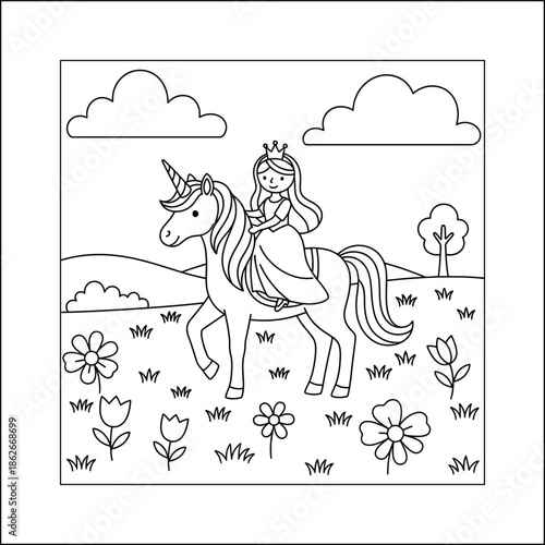 Princess line art vector coloring page for kids and adults. Bold and Easy Princess Coloring Page - Cozy Moment Fairytale Vector

