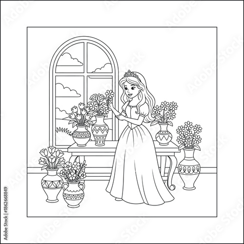 Princess line art vector coloring page for kids and adults. Bold and Easy Princess Coloring Page - Cozy Moment Fairytale Vector


