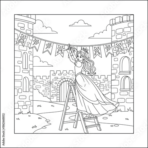 Princess line art vector coloring page for kids and adults. Bold and Easy Princess Coloring Page - Cozy Moment Fairytale Vector


