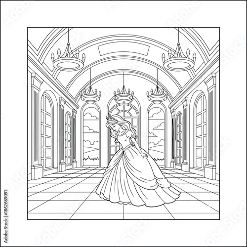 Princess line art vector coloring page for kids and adults. Bold and Easy Princess Coloring Page - Cozy Moment Fairytale Vector

