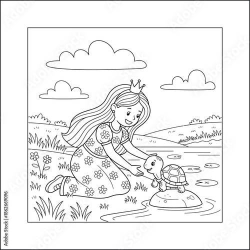 Princess line art vector coloring page for kids and adults. Bold and Easy Princess Coloring Page - Cozy Moment Fairytale Vector

